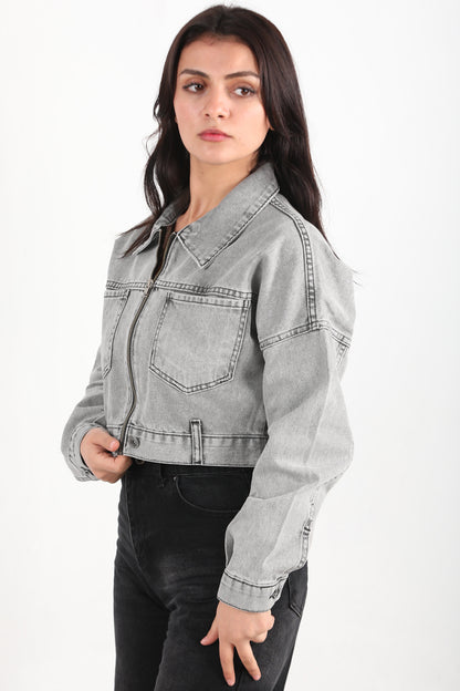 Crozia Kadın Kısa Ön Fermuarlı Ceket Gri
