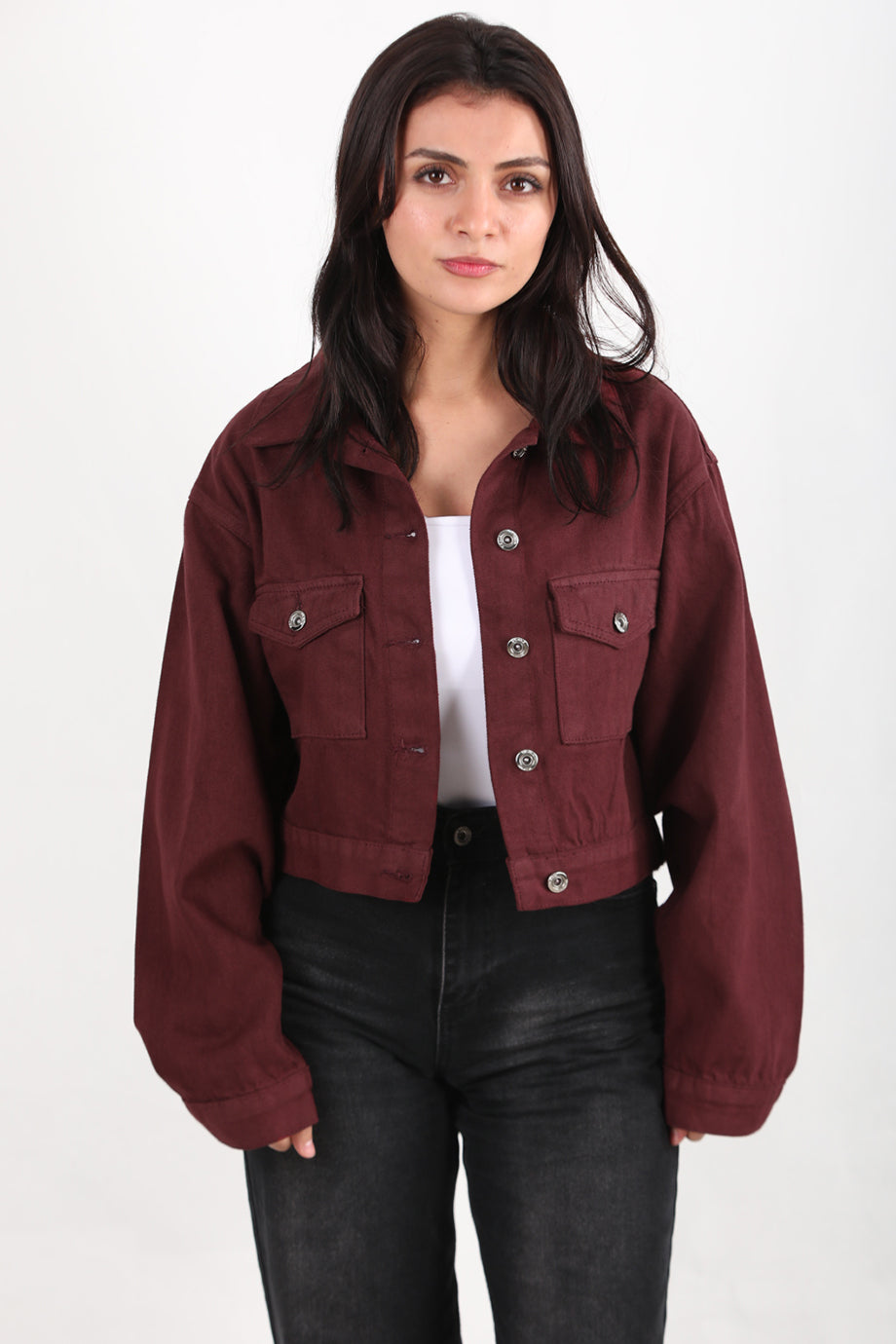 Buttona Kadın Kısa Ön Düğmeli Kot Ceket Bordo