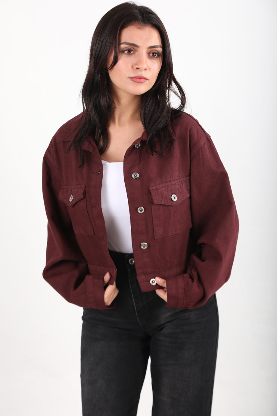 Buttona Kadın Kısa Ön Düğmeli Kot Ceket Bordo