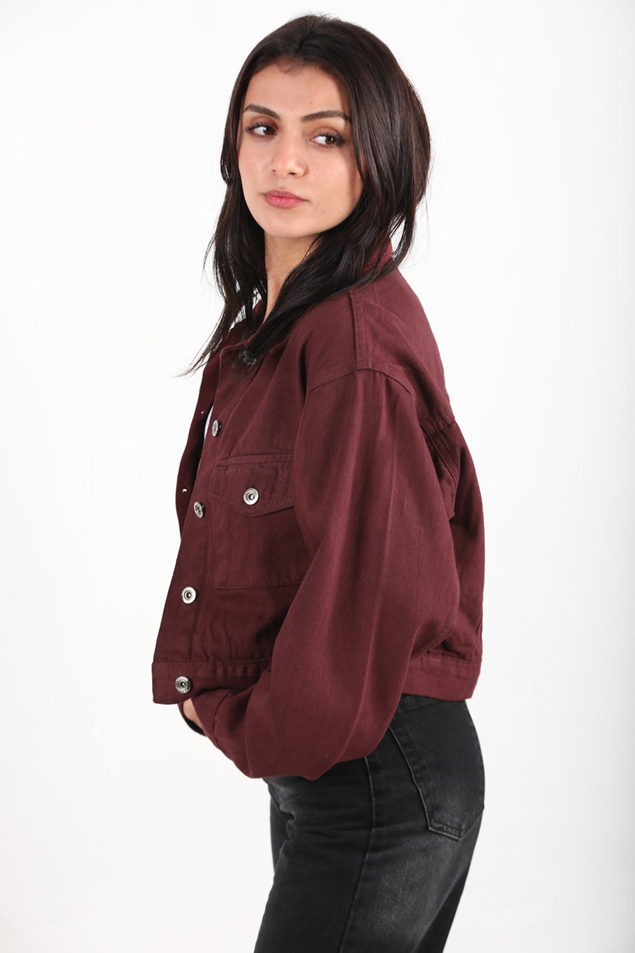 Buttona Kadın Kısa Ön Düğmeli Kot Ceket Bordo