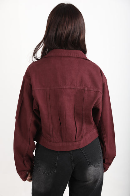 Buttona Kadın Kısa Ön Düğmeli Kot Ceket Bordo
