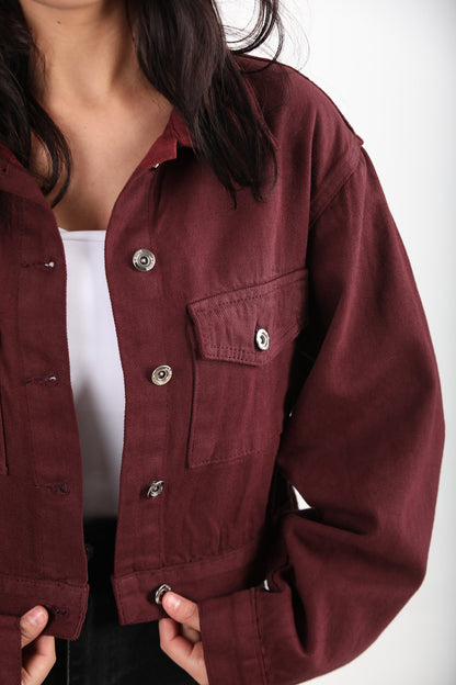 Buttona Kadın Kısa Ön Düğmeli Kot Ceket Bordo