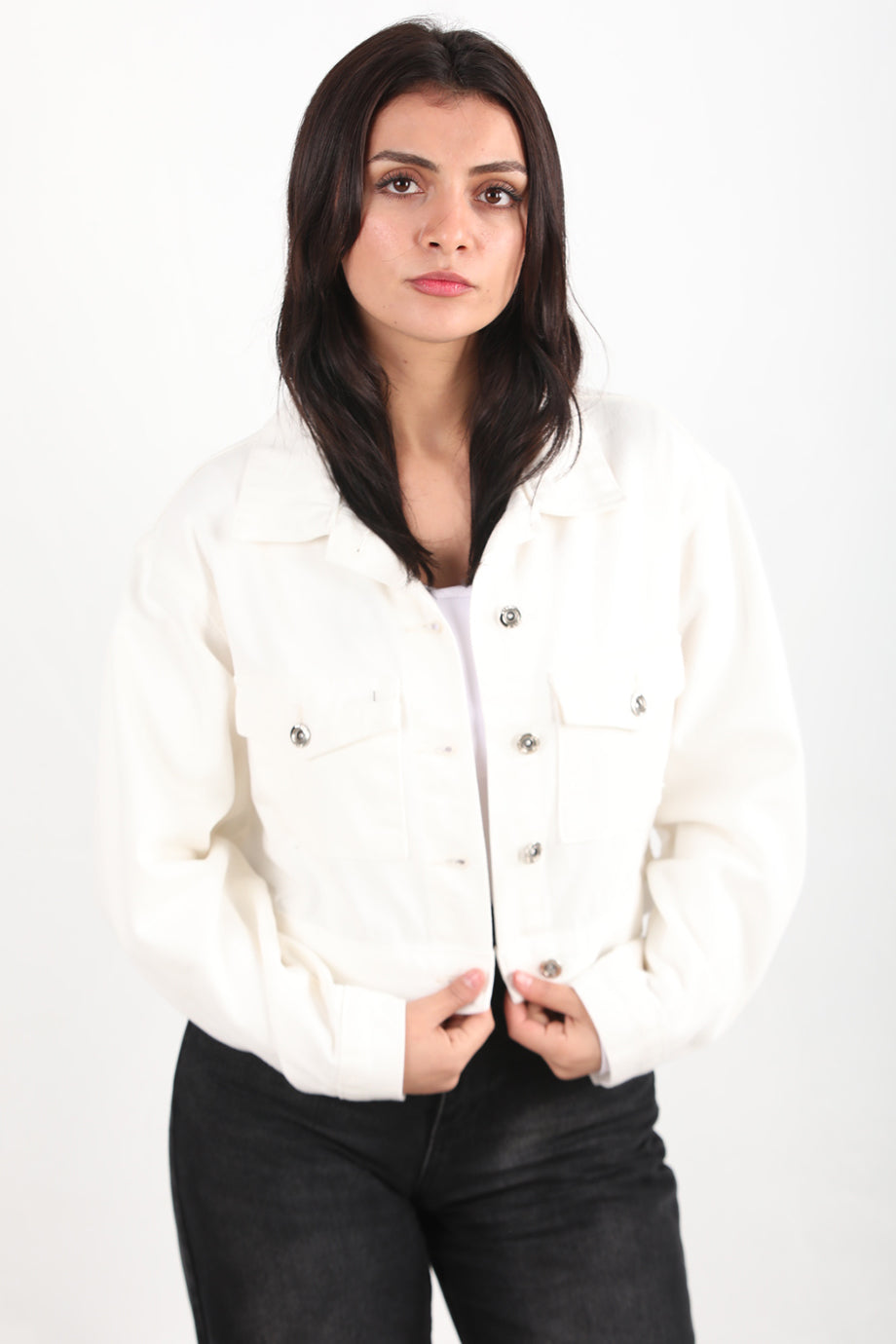 Buttona Kadın Kısa Ön Düğmeli Kot Ceket Ekru