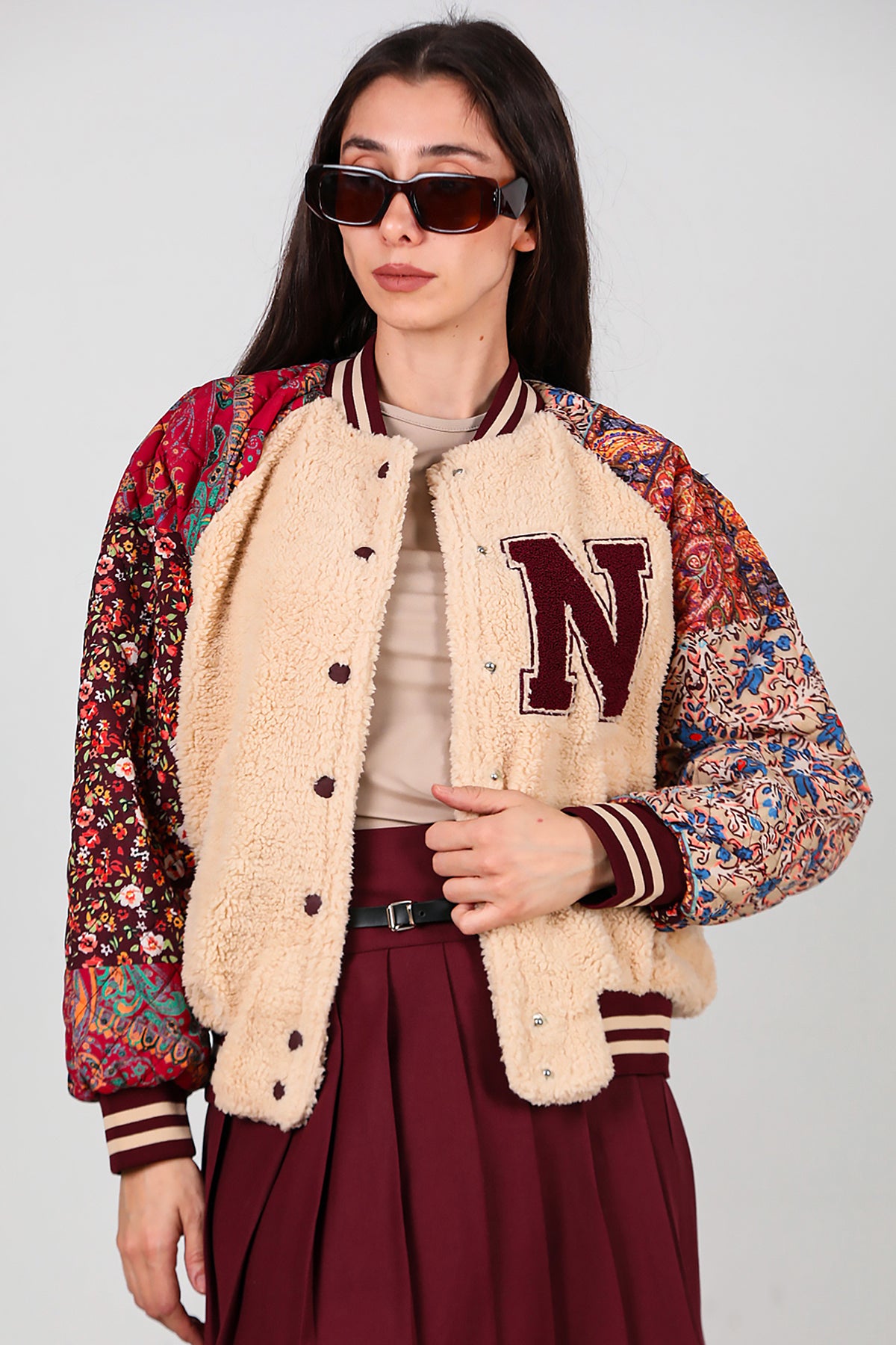 Kadın Kolları Desenli Ceket Krem