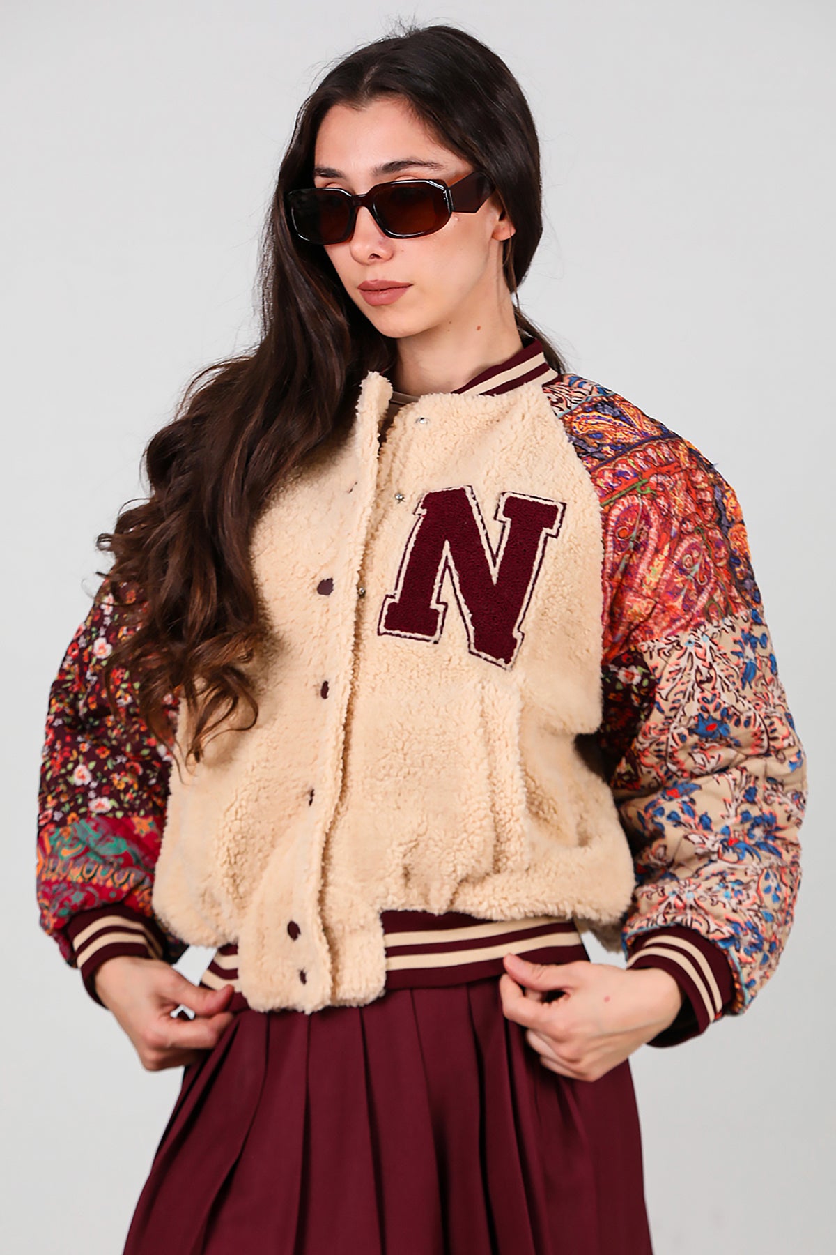 Kadın Kolları Desenli Ceket Krem