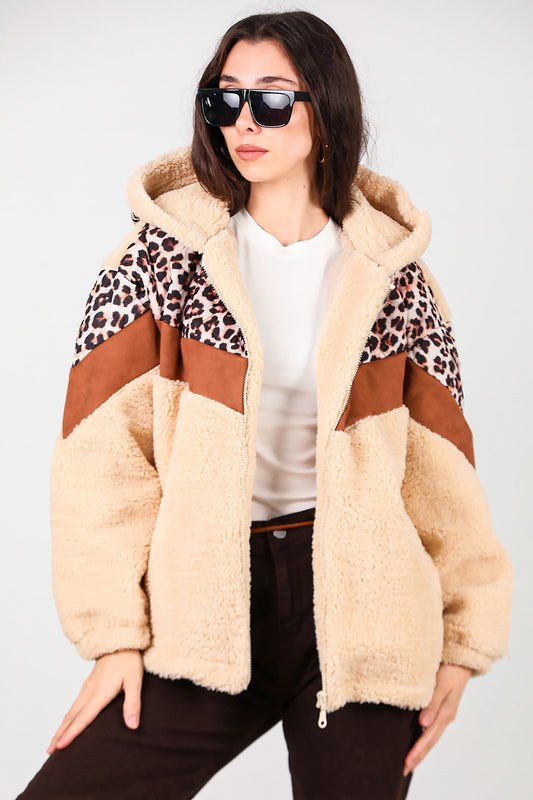 Kadın Leoparlı Kapşonlu Peluş Ceket Krem