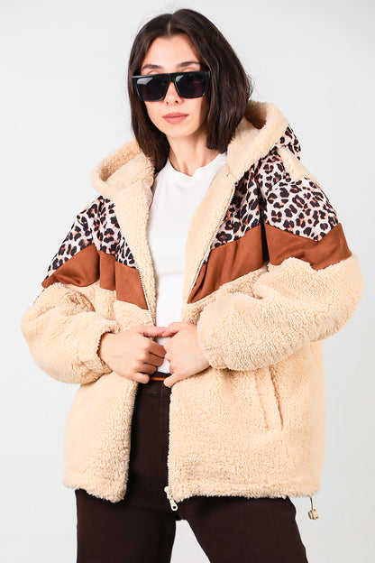 Kadın Leoparlı Kapşonlu Peluş Ceket Krem