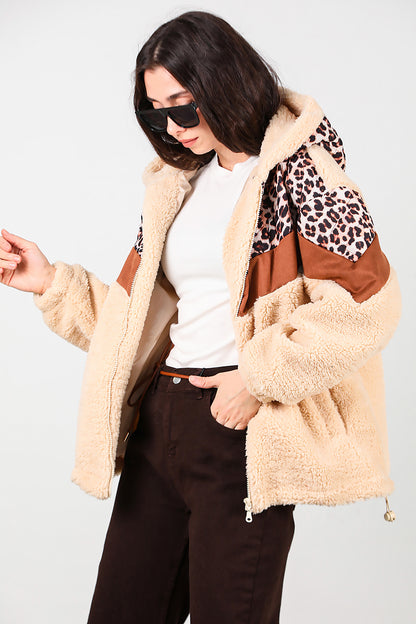 Kadın Leoparlı Kapşonlu Peluş Ceket Krem