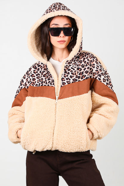 Kadın Leoparlı Kapşonlu Peluş Ceket Krem