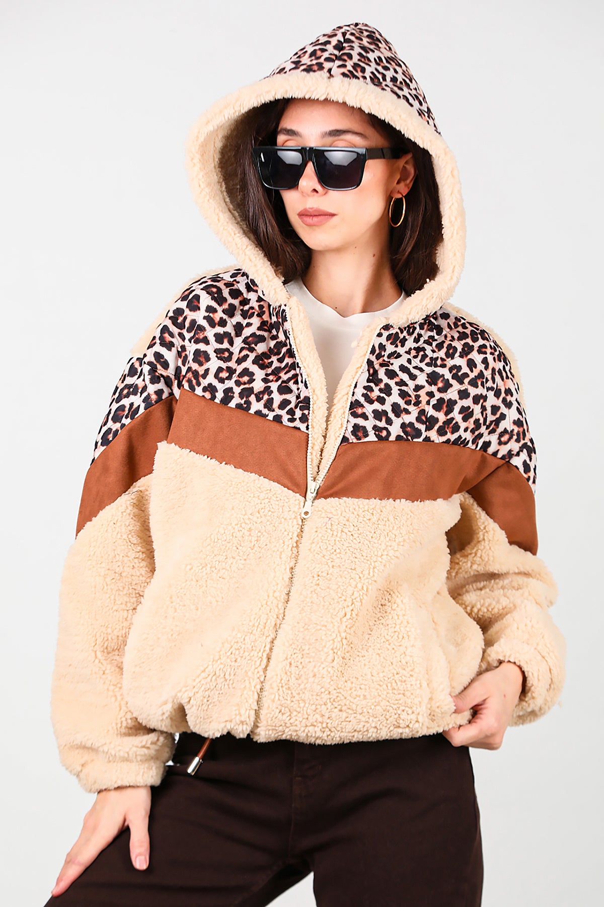 Kadın Leoparlı Kapşonlu Peluş Ceket Krem