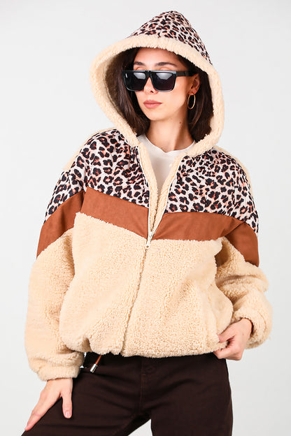 Kadın Leoparlı Kapşonlu Peluş Ceket Krem