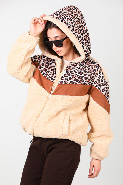 Kadın Leoparlı Kapşonlu Peluş Ceket Krem