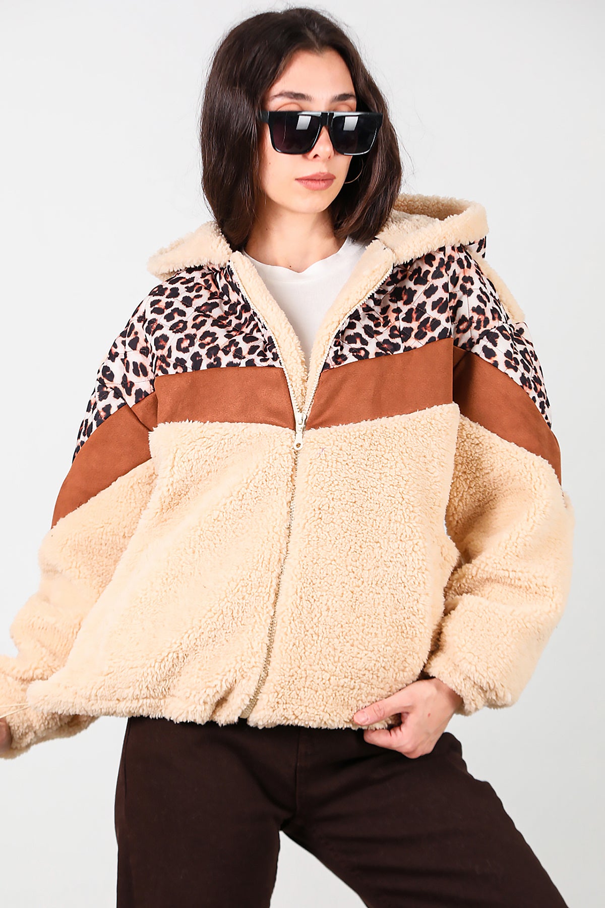 Kadın Leoparlı Kapşonlu Peluş Ceket Krem