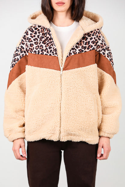 Kadın Leoparlı Kapşonlu Peluş Ceket Krem