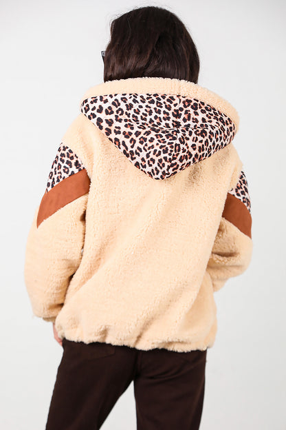 Kadın Leoparlı Kapşonlu Peluş Ceket Krem