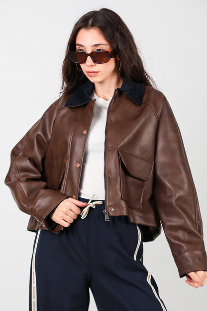 Kadın Yaka Kadife Detay Kısa Deri Ceket Kahverengi