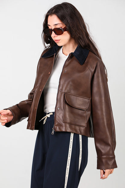 Kadın Yaka Kadife Detay Kısa Deri Ceket Kahverengi