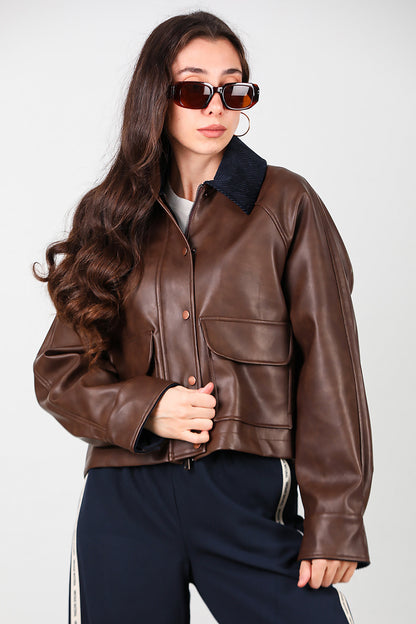 Kadın Yaka Kadife Detay Kısa Deri Ceket Kahverengi