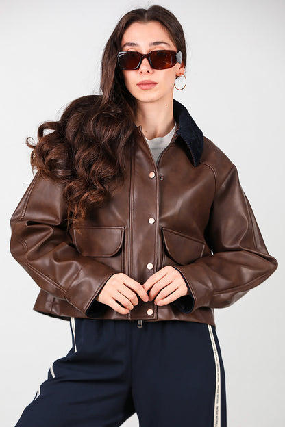 Kadın Yaka Kadife Detay Kısa Deri Ceket Kahverengi
