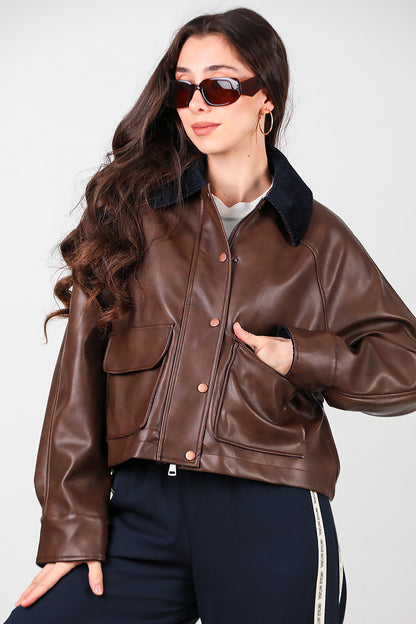 Kadın Yaka Kadife Detay Kısa Deri Ceket Kahverengi