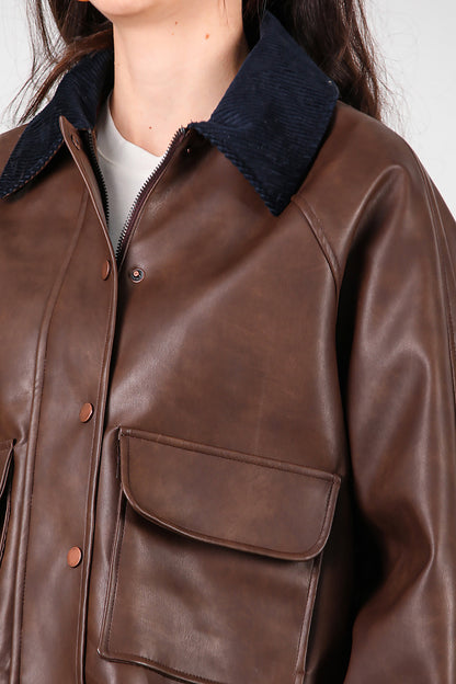 Kadın Yaka Kadife Detay Kısa Deri Ceket Kahverengi