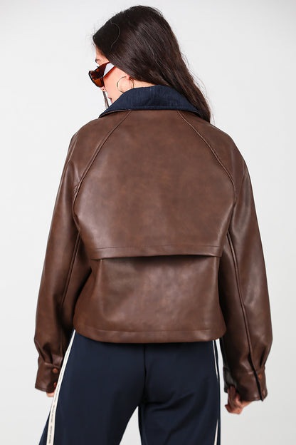 Kadın Yaka Kadife Detay Kısa Deri Ceket Kahverengi