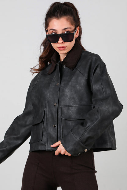Kadın Yaka Kadife Detay Kısa Deri Ceket Siyah
