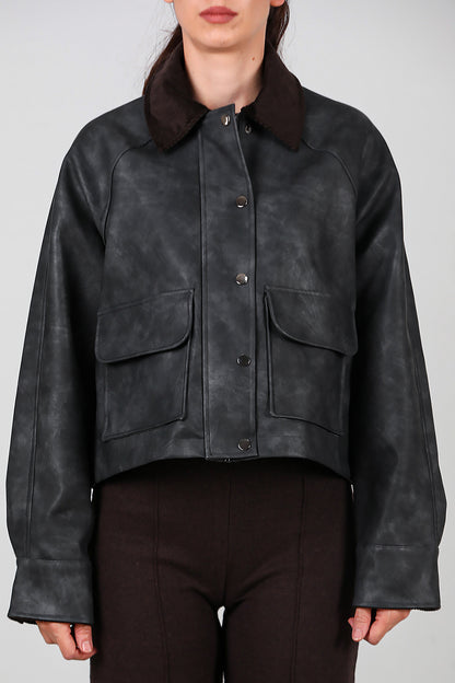 Kadın Yaka Kadife Detay Kısa Deri Ceket Siyah