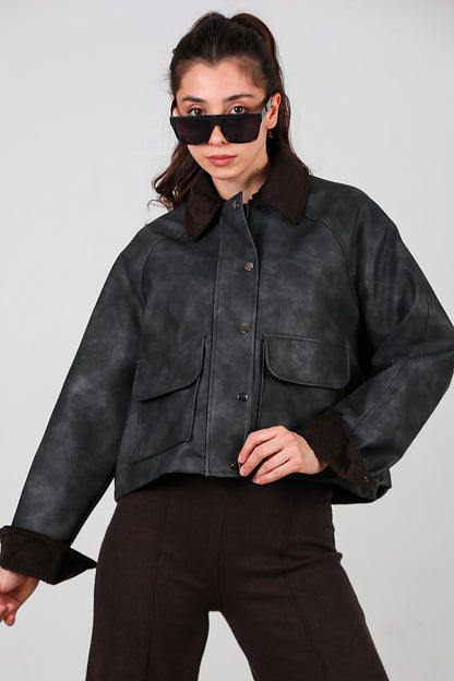 Kadın Yaka Kadife Detay Kısa Deri Ceket Siyah