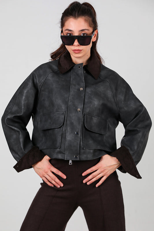 Kadın Yaka Kadife Detay Kısa Deri Ceket Siyah