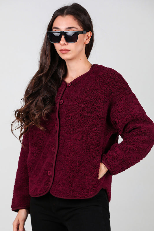 Kadın İçi Polarlı Düğmeli Peluş Ceket Bordo