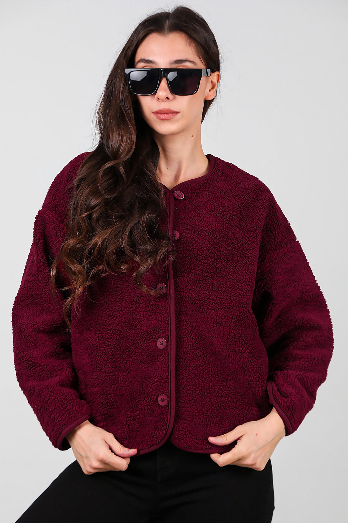 Kadın İçi Polarlı Düğmeli Peluş Ceket Bordo