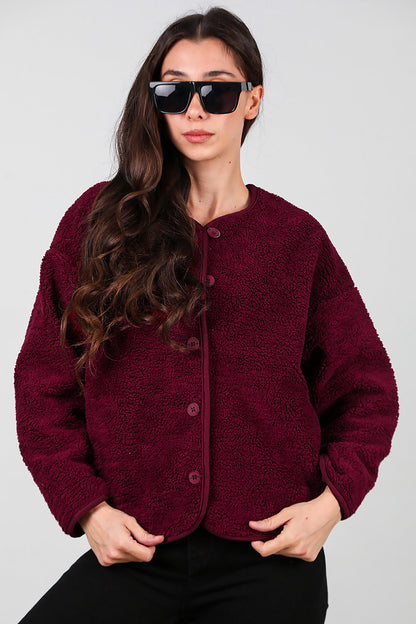 Kadın İçi Polarlı Düğmeli Peluş Ceket Bordo