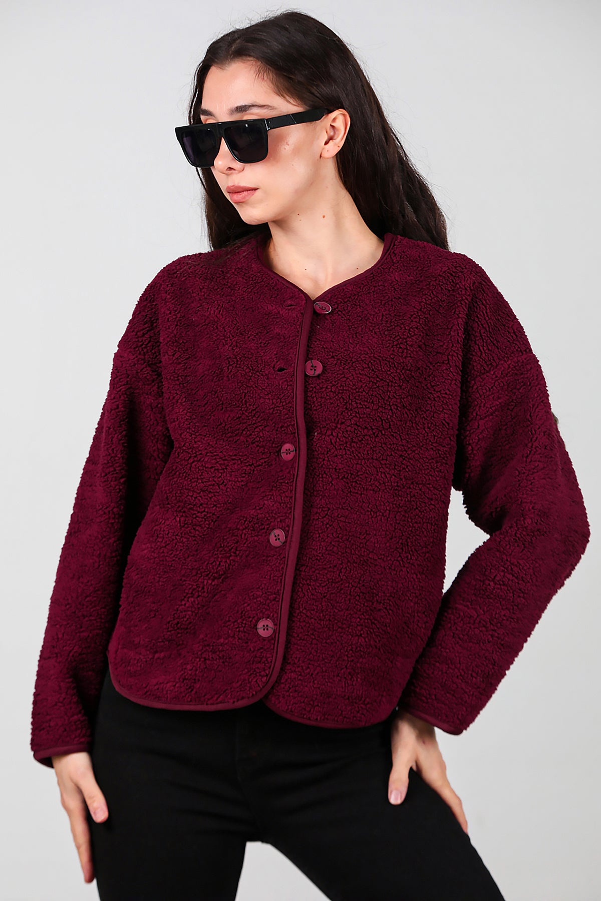 Kadın İçi Polarlı Düğmeli Peluş Ceket Bordo