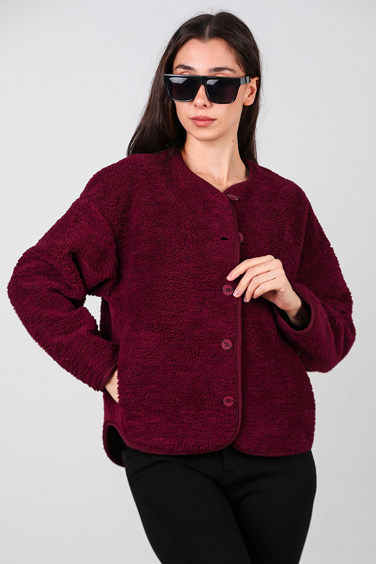 Kadın İçi Polarlı Düğmeli Peluş Ceket Bordo