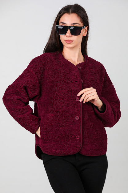 Kadın İçi Polarlı Düğmeli Peluş Ceket Bordo