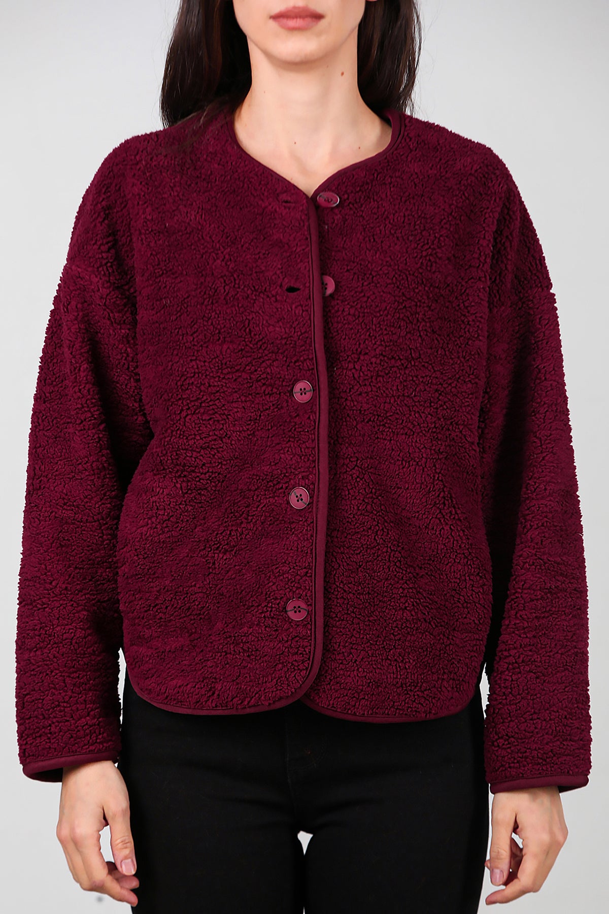 Kadın İçi Polarlı Düğmeli Peluş Ceket Bordo