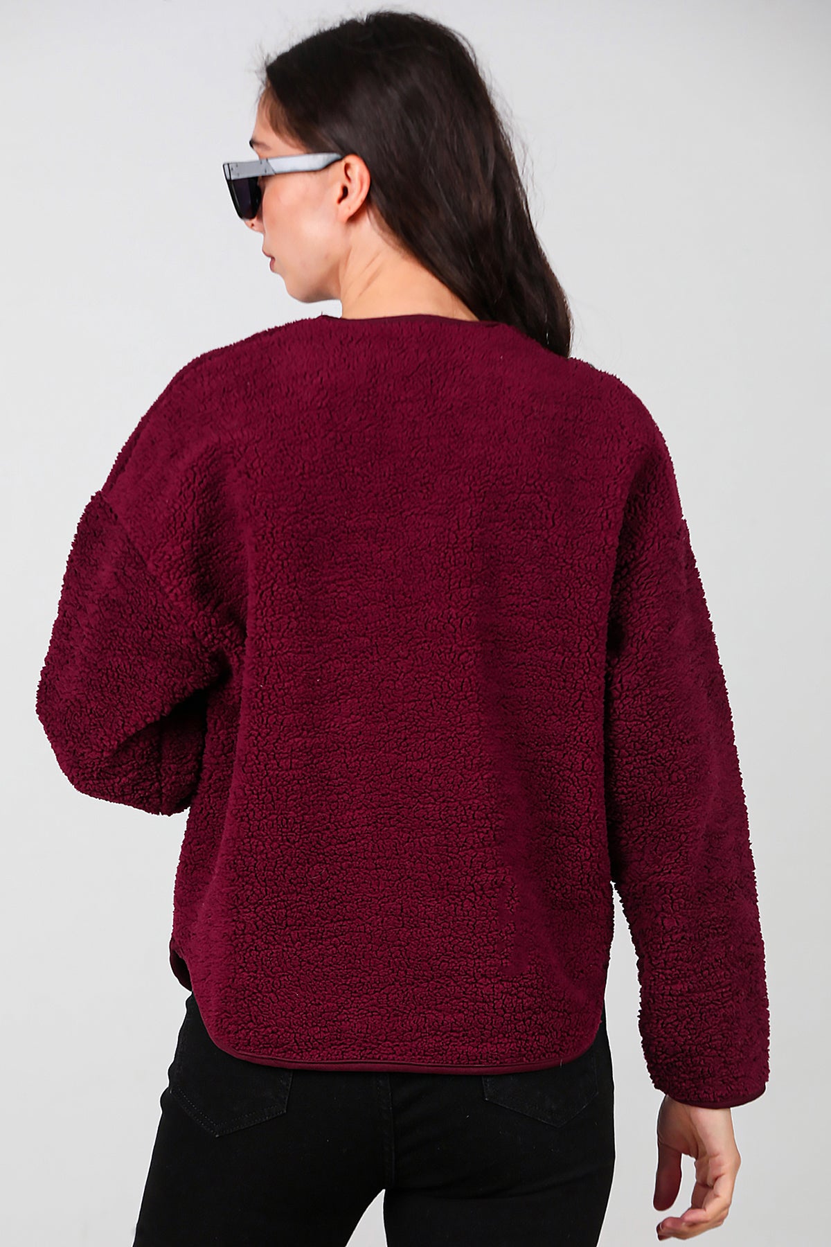 Kadın İçi Polarlı Düğmeli Peluş Ceket Bordo