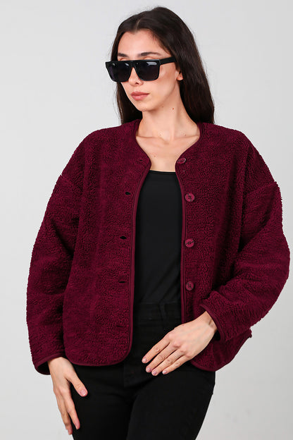 Kadın İçi Polarlı Düğmeli Peluş Ceket Bordo