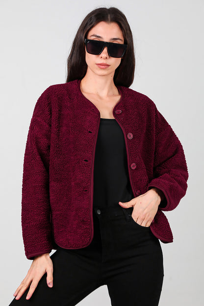 Kadın İçi Polarlı Düğmeli Peluş Ceket Bordo