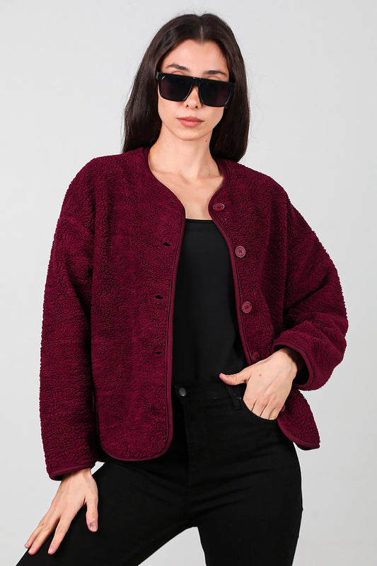 Kadın İçi Polarlı Düğmeli Peluş Ceket Bordo