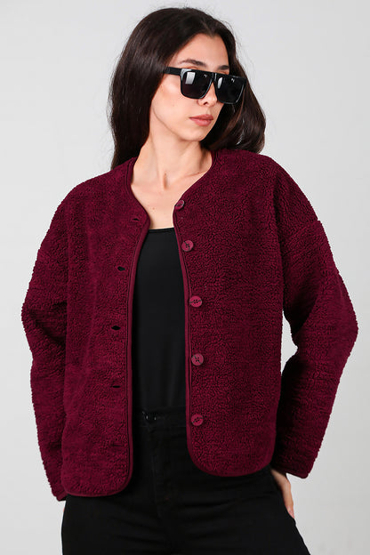 Kadın İçi Polarlı Düğmeli Peluş Ceket Bordo
