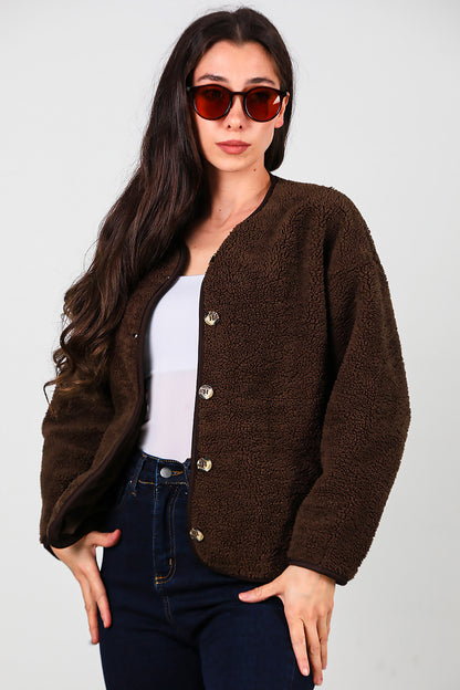 Kadın İçi Polarlı Düğmeli Peluş Ceket Kahverengi