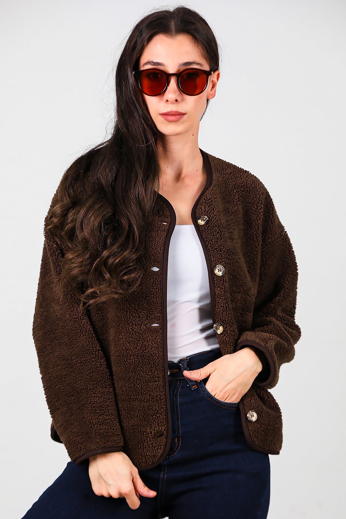 Kadın İçi Polarlı Düğmeli Peluş Ceket Kahverengi