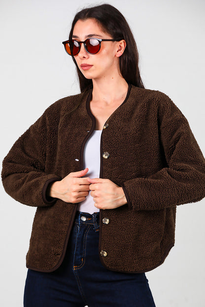 Kadın İçi Polarlı Düğmeli Peluş Ceket Kahverengi