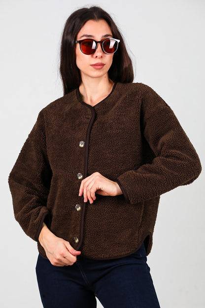Kadın İçi Polarlı Düğmeli Peluş Ceket Kahverengi