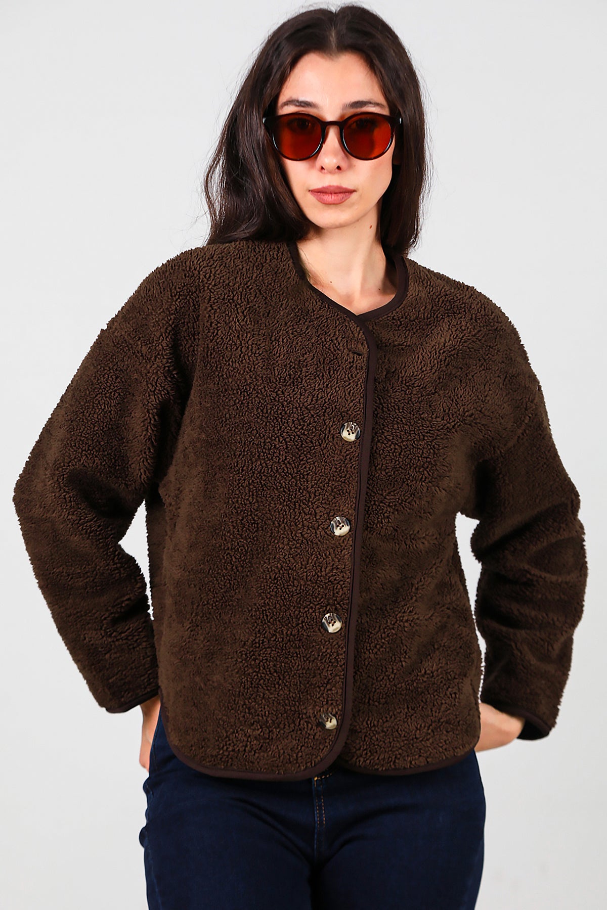 Kadın İçi Polarlı Düğmeli Peluş Ceket Kahverengi