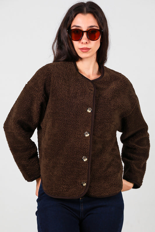 Kadın İçi Polarlı Düğmeli Peluş Ceket Kahverengi