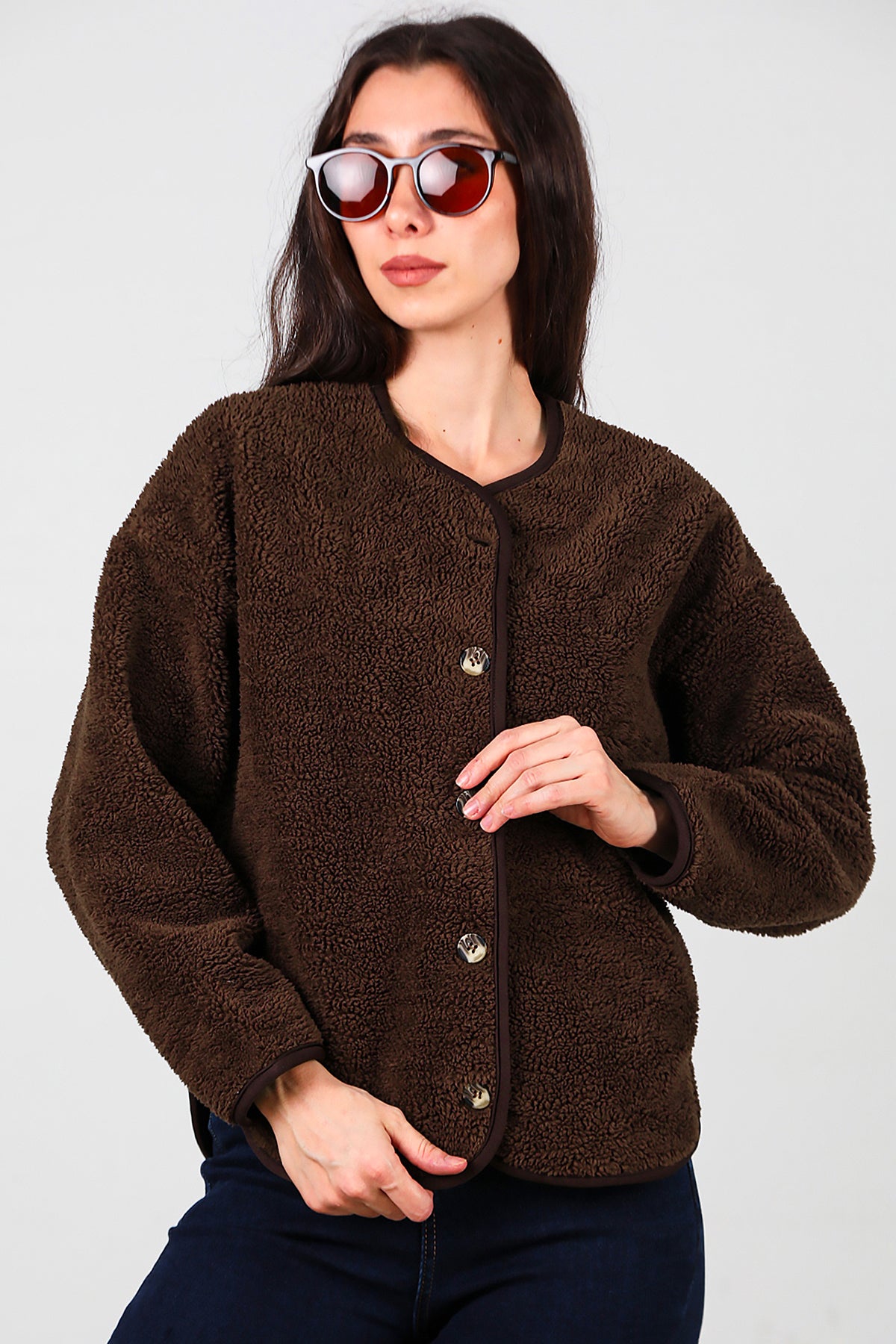 Kadın İçi Polarlı Düğmeli Peluş Ceket Kahverengi