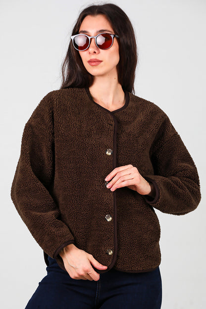 Kadın İçi Polarlı Düğmeli Peluş Ceket Kahverengi